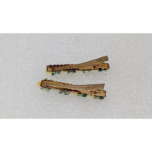 Vintage Embroidered Yellow Flower Floral Hair Clips Gold Tone Set Of 2 - Picture 2 of 3